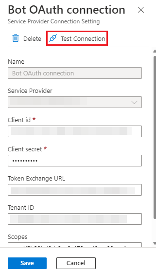 Captura de ecrã a mostrar a opção Testar ligação OAuth para o recurso do bot.