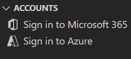 Captura de ecrã a mostrar a opção Iniciar sessão no Microsoft 365 e no Azure em CONTAS no Teams Toolkit para Visual Studio Code.