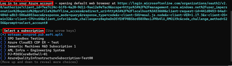 Captura de ecrã a mostrar o início de sessão no Azure e selecionar uma opção de subscrição na janela da CLI.