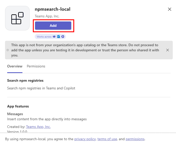 Captura de ecrã a mostrar um exemplo da opção Adicionar para adicionar a aplicação Pluginlocal da Contoso ao Teams.