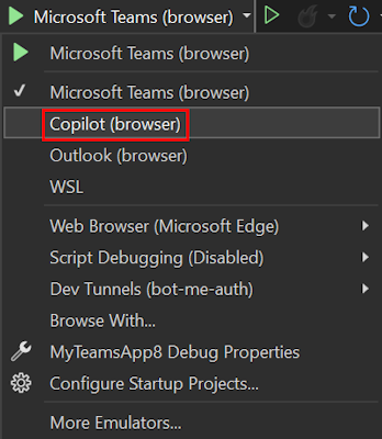 Captura de ecrã a mostrar a opção de depuração Copilot (Browser) no Visual Studio.