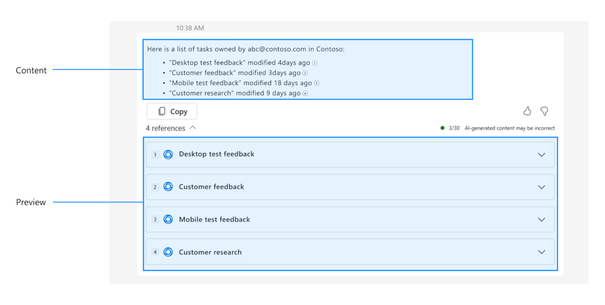 Captura de ecrã a mostrar um exemplo de uma aplicação de exemplo que mostra Microsoft 365 Copilot resposta da aplicação contém pré-visualização e conteúdo na mesma resposta.