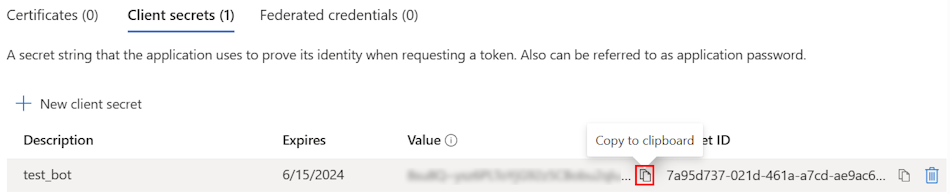 Captura de ecrã a mostrar a opção para copiar o valor do ID do segredo do cliente para copiar o valor para a área de transferência.