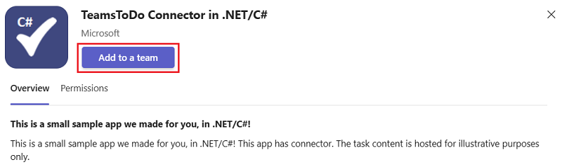 Captura de ecrã do TeamsTodo Connector em .NET/C# com a opção Adicionar a uma equipa realçada a vermelho.