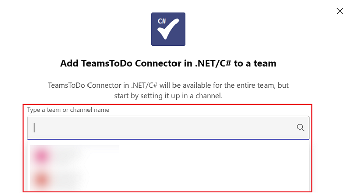 Captura de ecrã do TeamsTodo Connector em .NET/C# para uma equipa com a opção Escrever um nome de equipa ou canal realçado a vermelho.