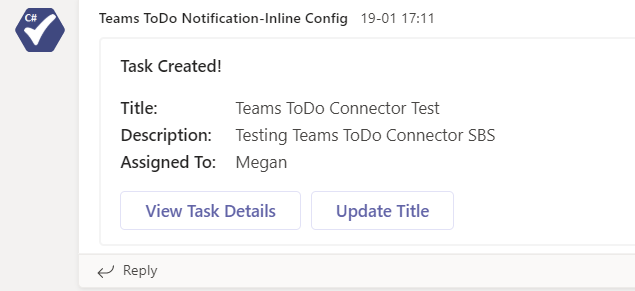 Captura de ecrã do ToDo do Teams Notification-Inline Configuração a mostrar os detalhes da tarefa criada.