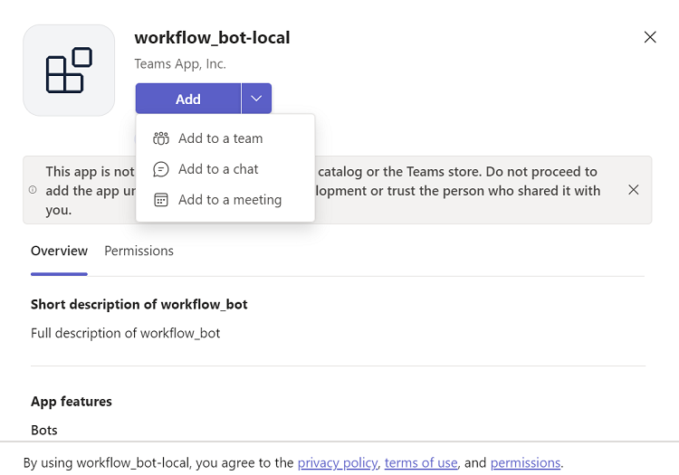 Captura de ecrã a mostrar a seleção para adicionar a sua aplicação de bot de fluxo de trabalho.