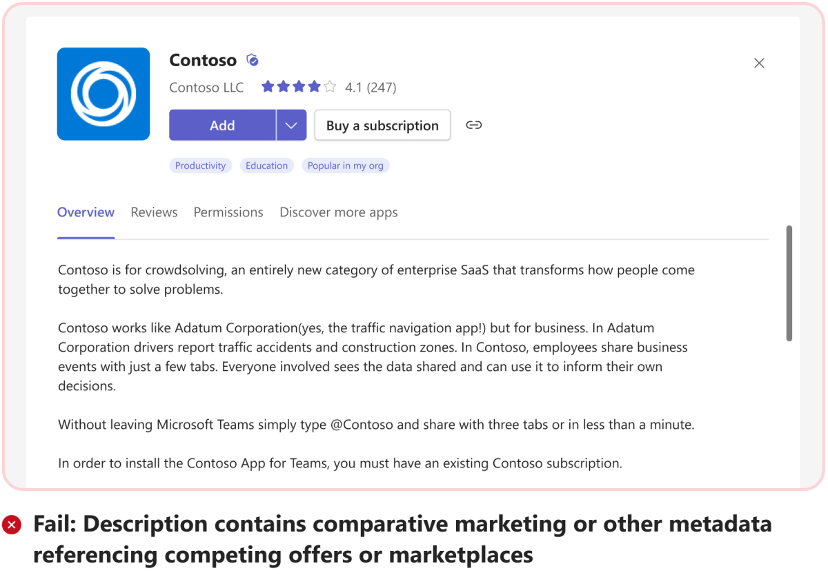 O gráfico mostra um exemplo de informações de marketing comparativa na descrição da aplicação.