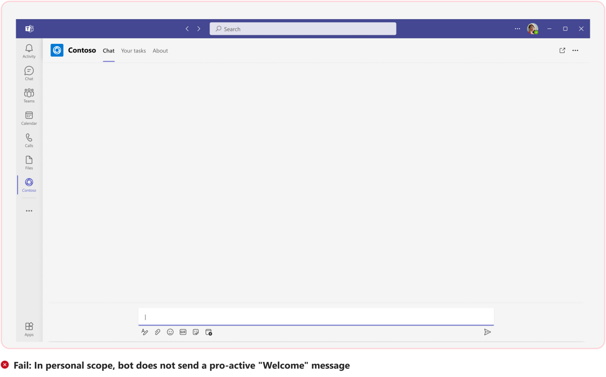 O gráfico mostra um exemplo de bot que não envia uma mensagem de boas-vindas automaticamente no âmbito pessoal.