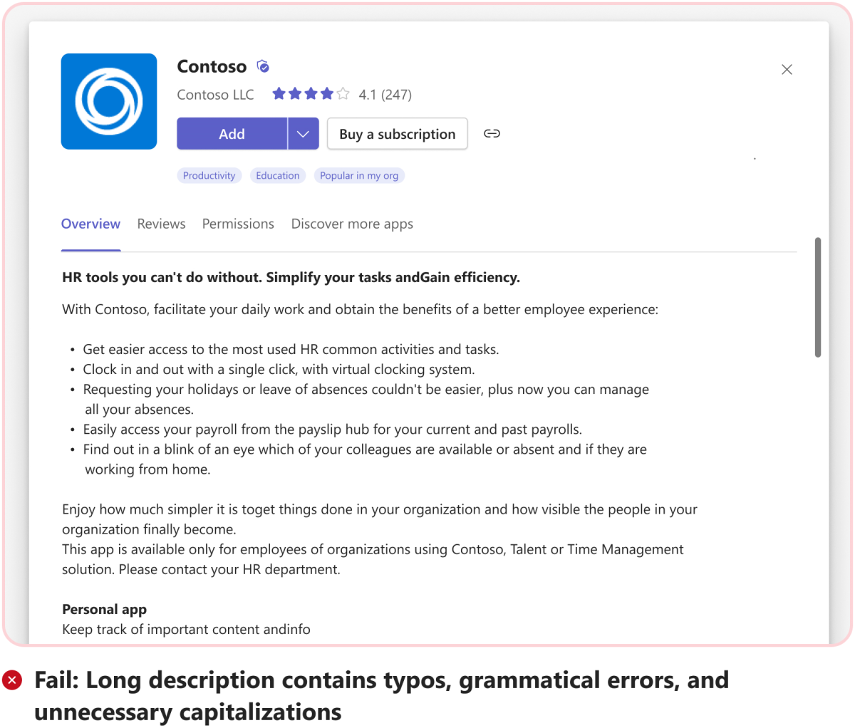 O gráfico mostra um exemplo de descrição longa da aplicação com erros de digitação e erros.