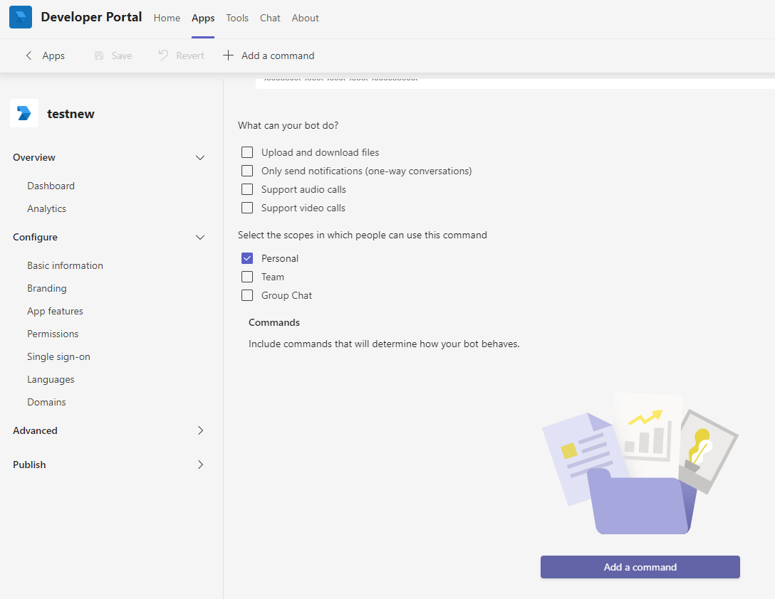 Captura de ecrã a mostrar como adicionar um comando para o bot no Portal do Programador.