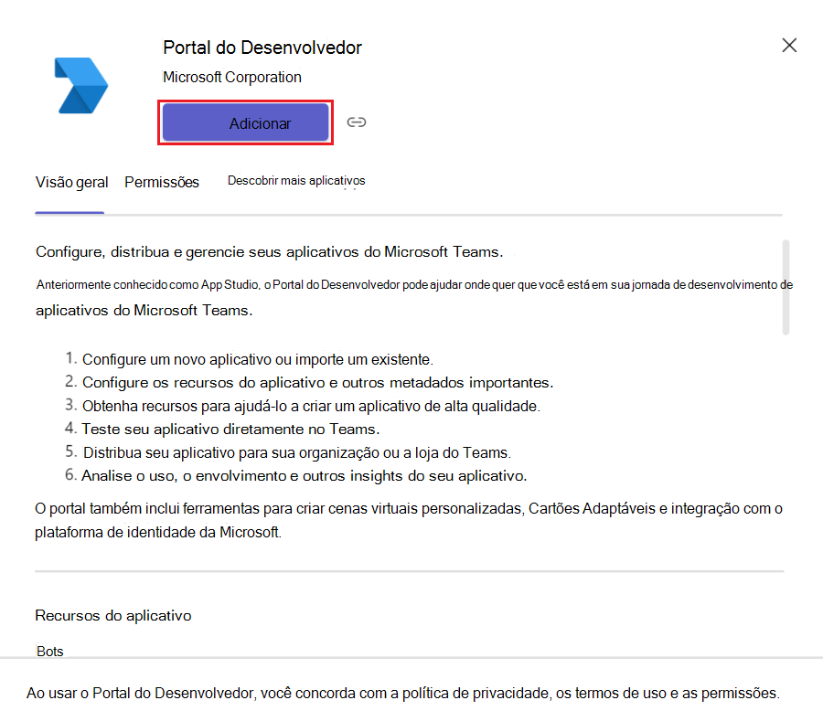 Captura de ecrã a mostrar como adicionar o Portal do Programador no cliente do Teams.