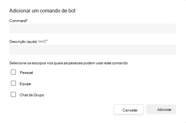 Captura de ecrã a mostrar como adicionar um comando, descrição e âmbitos para o bot.