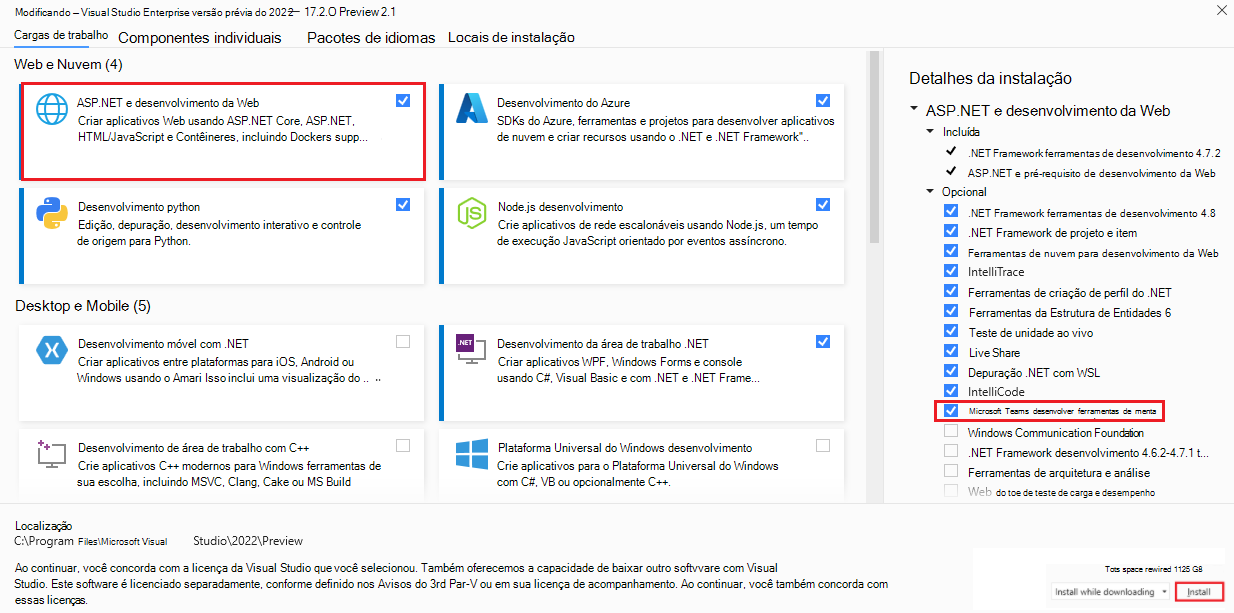 Captura de ecrã a mostrar Visual Studio Enterprise Pré-visualização com a opção Asp.NET, desenvolvimento Web e ferramentas de desenvolvimento do Microsoft Teams em detalhes de instalação e instalação realçadas a vermelho.