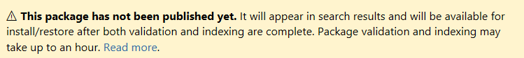 Captura de tela que mostra a mensagem de publicação apresentada quando você carrega um pacote em nuget.org.