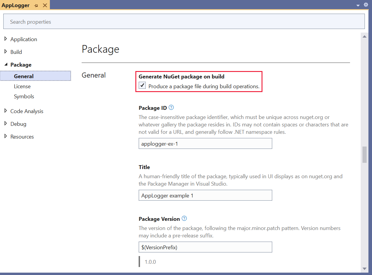 Screenshot showing package properties with Generate NuGet package on build selected.
