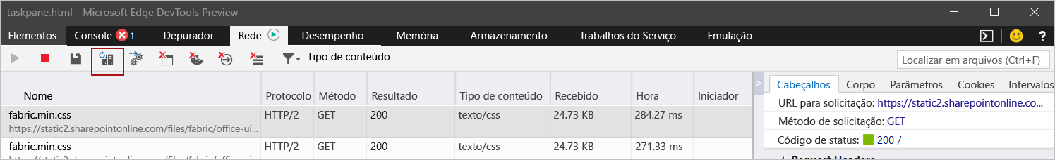 Microsoft Edge DevTools com o botão Atualizar sempre a partir do servidor realçado.