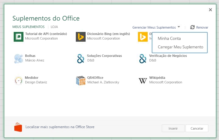 A caixa de diálogo Suplementos do Office com um menu pendente no canto superior direito a ler 