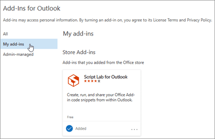 A opção Os meus suplementos selecionada na caixa de diálogo Add-Ins para Outlook.