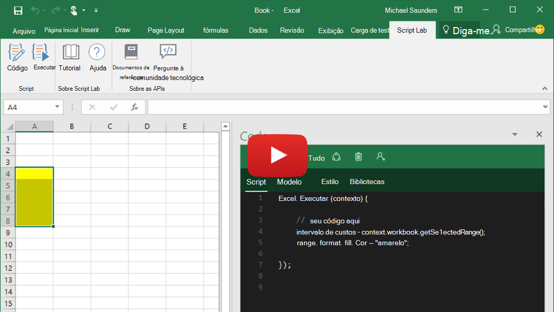 Breve vídeo que mostra o Laboratório de Scripts em execução no Excel, Word e PowerPoint.