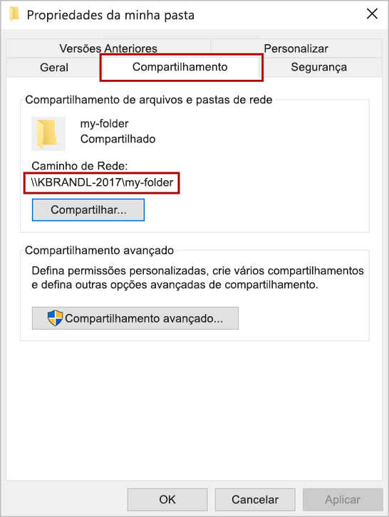 Caixa de diálogo Propriedades da Pasta com o separador Partilha e o caminho de rede realçados.