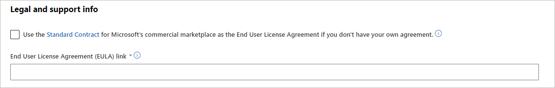 Captura de ecrã do contrato padrão e das opções do EULA.