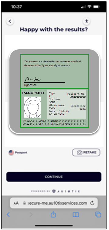 Captura de ecrã da página AU10TIX num dispositivo móvel, com o texto: Satisfeito com os resultados? É mostrada uma foto da carteira de identidade, com a opção: RETAKE.