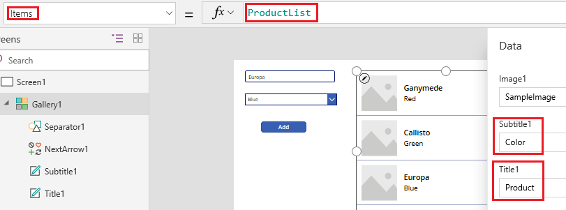 Definir a propriedade de Itens da galeria e altere os campos que são mostrados.