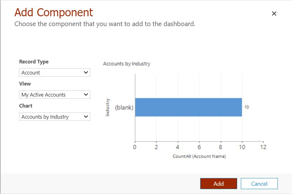 Diálogo Adicionar componente de dashboard