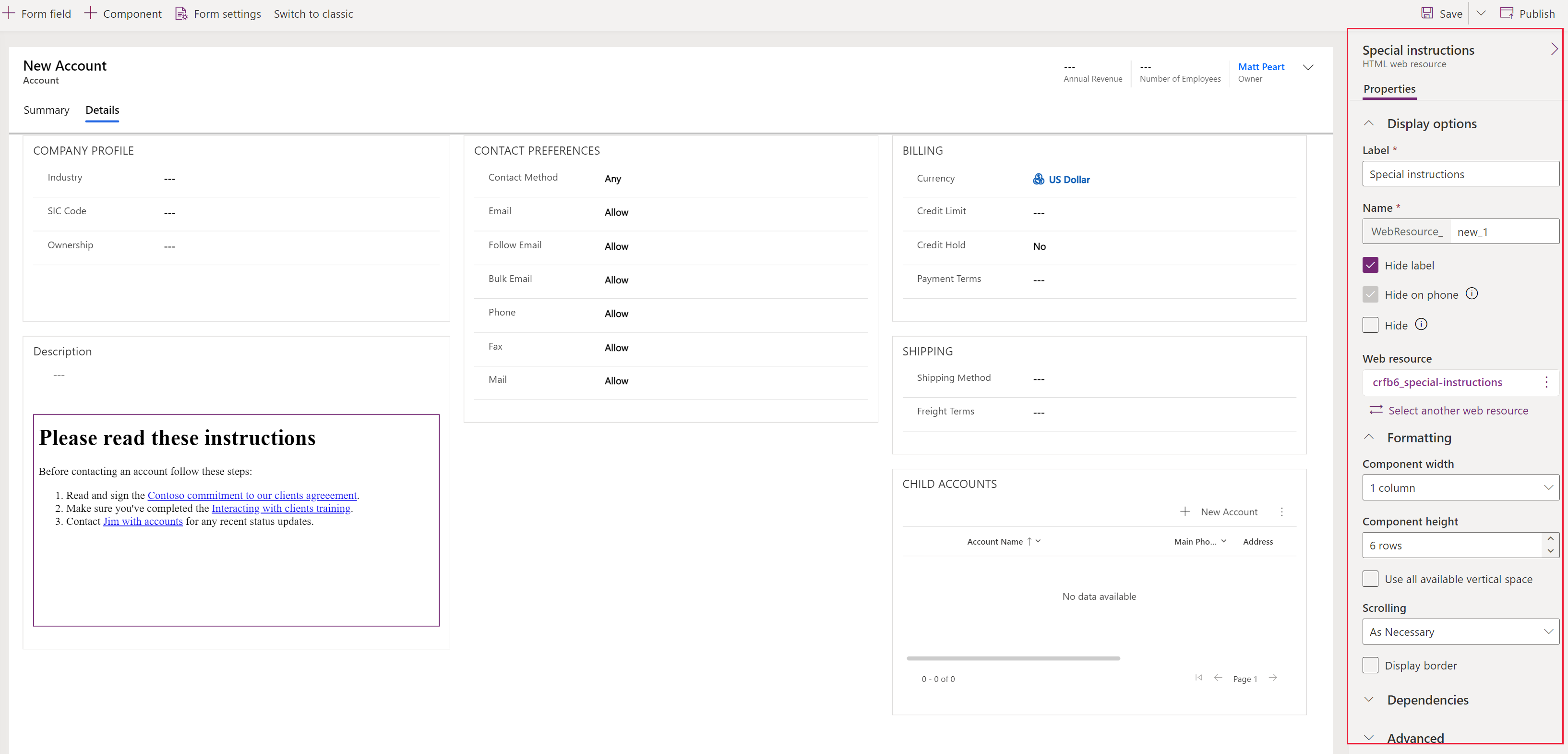 Painel de propriedades do recurso Web no estruturador de formulários