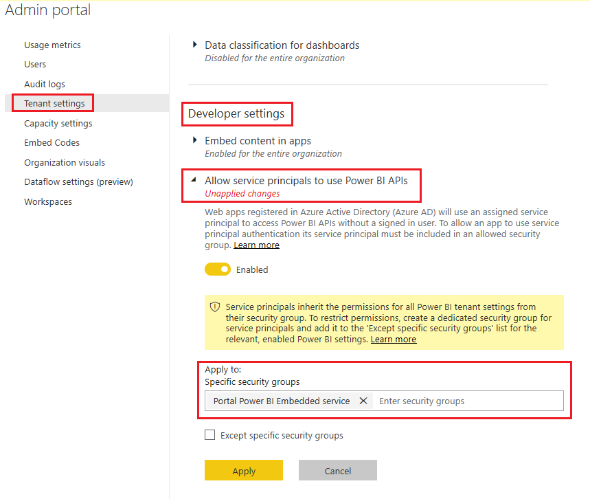 Adicionar grupo de segurança no portal Admin do Power BI.