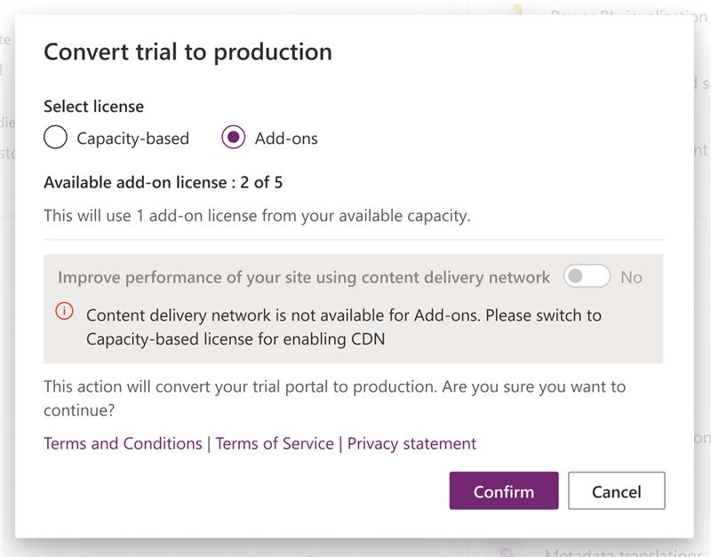 Uma captura de ecrã das opções Converter em produção dentro do centro de administração do Power Platform com a opção de Licença de suplementos selecionada.