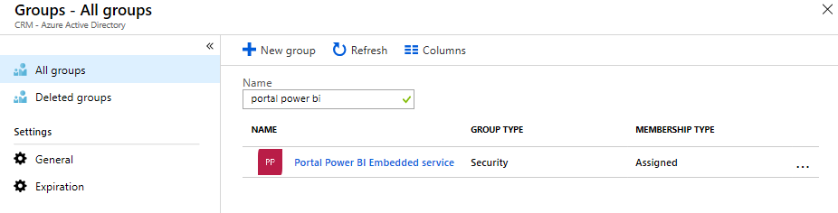 Procurar e selecionar o grupo de segurança para o serviço Power BI Embedded.