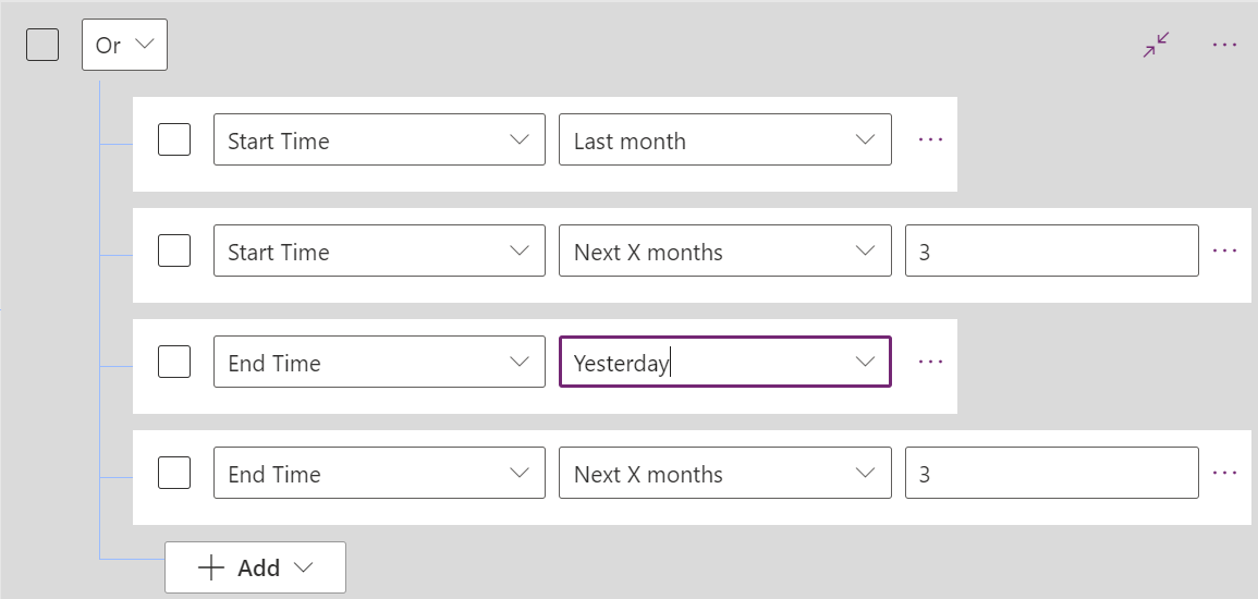 Captura de ecrã que mostra vários filtros, com base nas horas de início e de fim, numa condição OR.