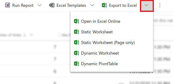 Opções Exportar para o Excel.