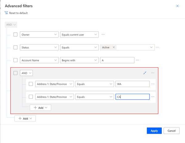 Uma captura de ecrã do editor de filtros da vista a mostrar um grupo de condições adicionado.