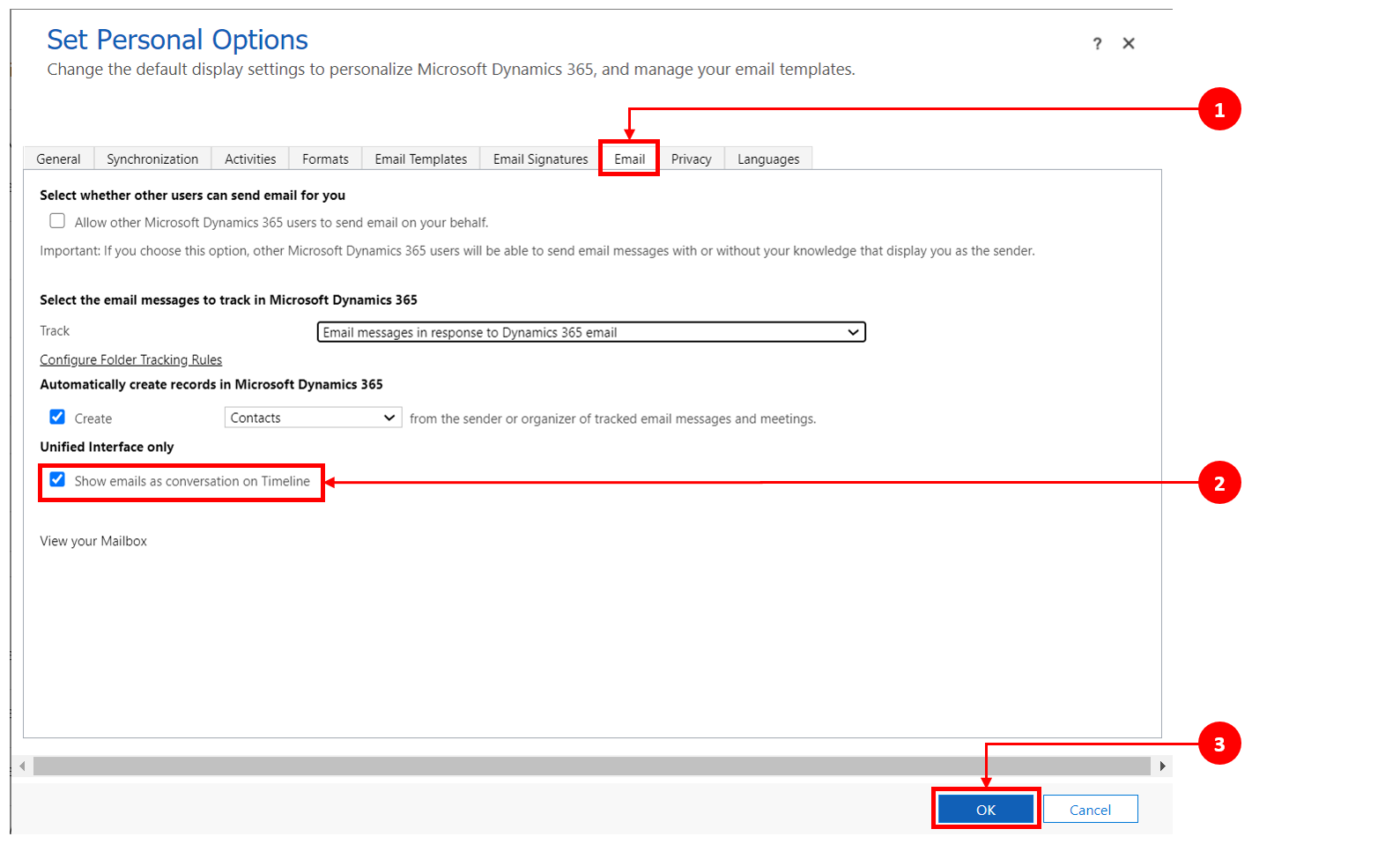 Ativar a vista de e-mail com tópicos – opção 2.