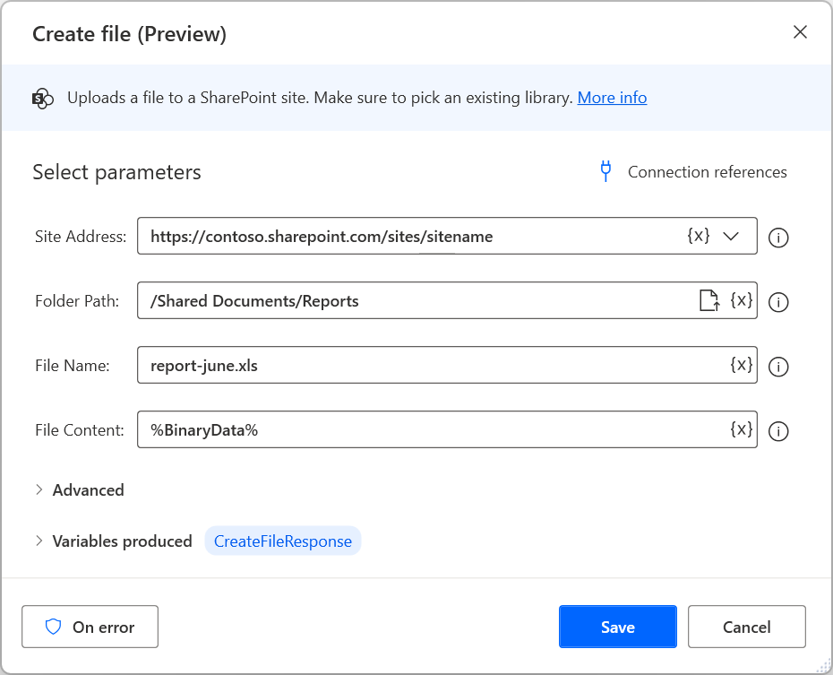 Captura de ecrã da ação do Sharepoint Criar ficheiro.