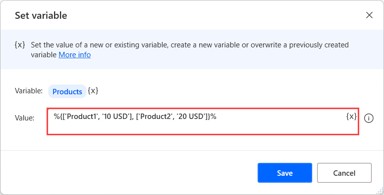 Captura de ecrã de uma ação Definir variável que cria uma tabela de dados.