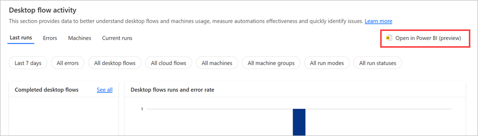 A opção para abrir os gráficos na aplicação Power BI desktop.