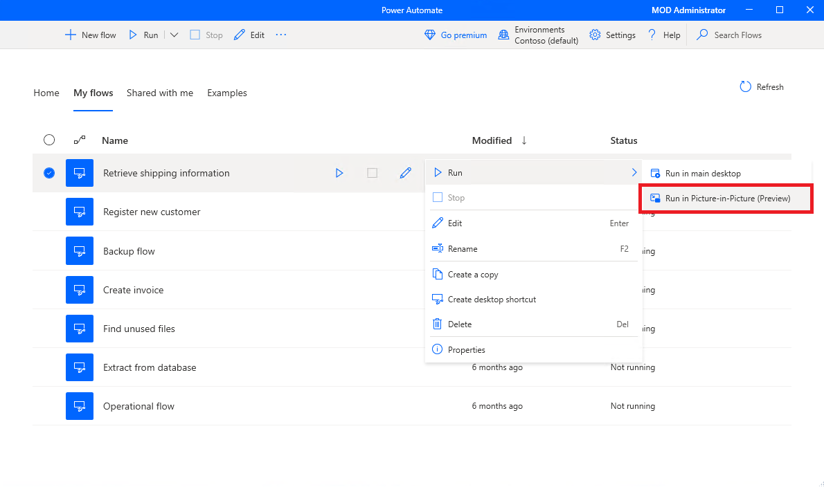 Execute o picture-in-picture através da consola do Power Automate.