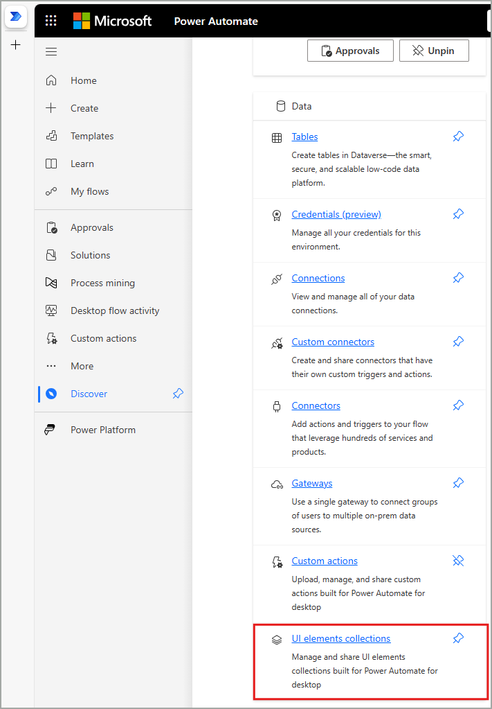 Captura de tela da opção de coleções de elementos da interface do utente no painel Dados no portal.