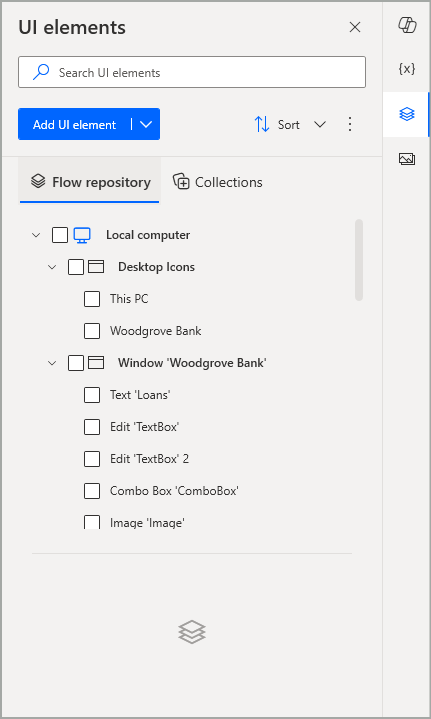 Captura de tela das guias Repositório de fluxo e Coleções no painel de elementos da interface do utente.