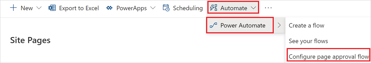 Captura de ecrã que mostra a opção Configurar fluxo de aprovação de página.