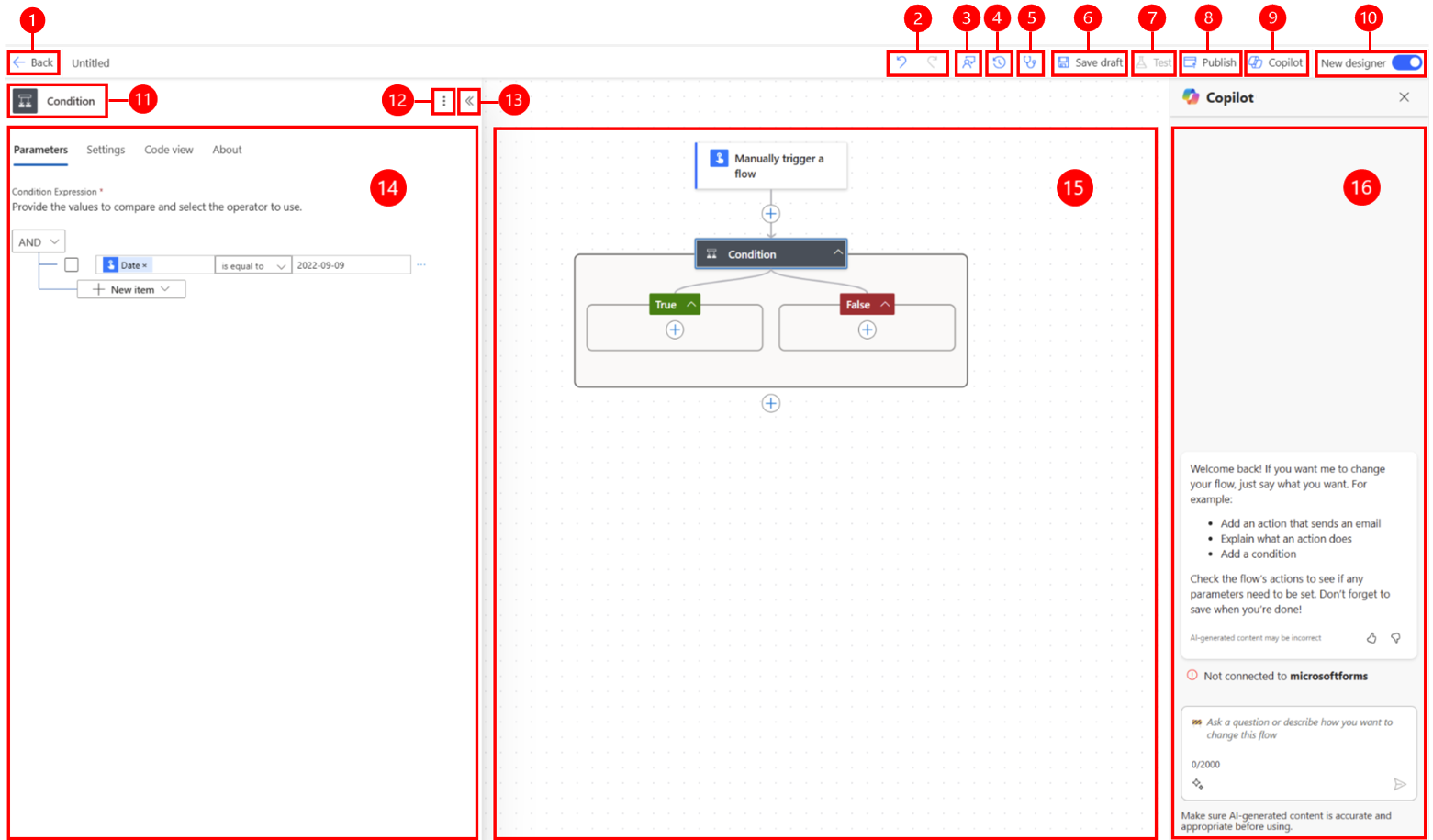 Captura de ecrã do estruturador de fluxos de cloud com o Copilot.