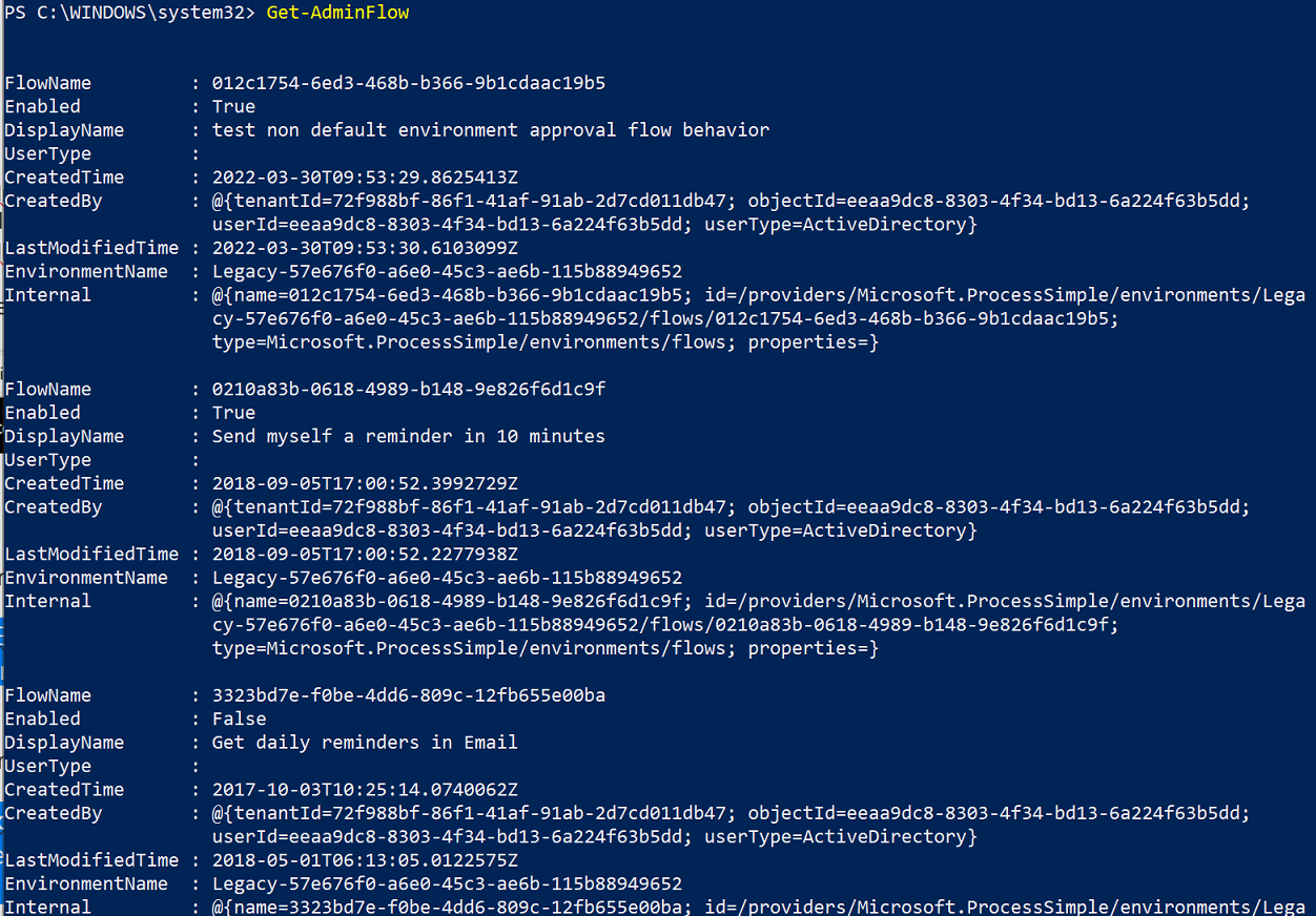 Captura de ecrã que apresenta a saída de Get-AdminFlow.
