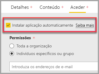 Captura de ecrã do portal de administração do Power BI com a aplicação Instalar selecionada automaticamente.