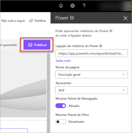 Captura de ecrã da ligação de relatório do Power BI a mostrar a opção Publicar selecionada.