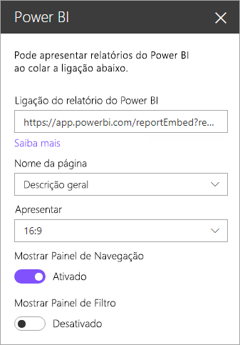 Captura de tela da caixa de diálogo de propriedades da nova Web Part do SharePoint com o link de relatório do Power BI realçado.