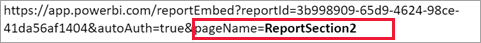 Captura de ecrã a mostrar Anexar a definição pageName ao URL com pageName=ReportSection 2 realçado.